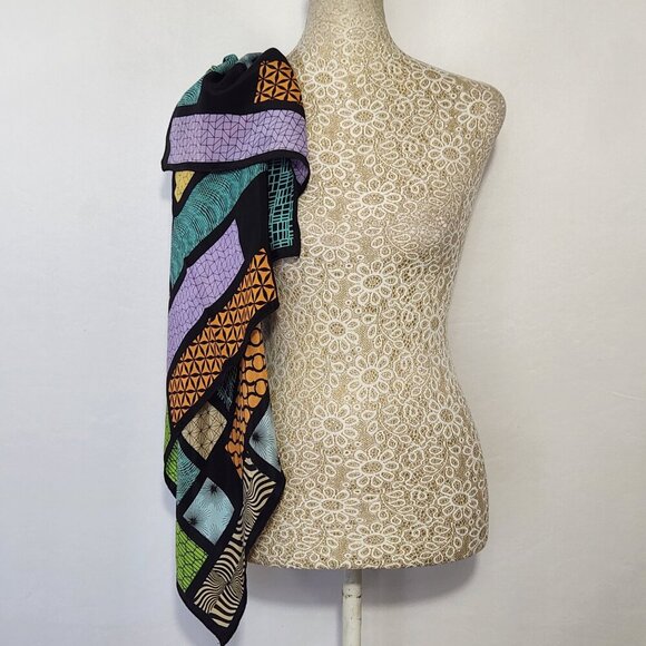 Vintage Escada Multi-Color Patchwork Quilt Black Background Silk Scarf Luxury - Picture 7 of 13